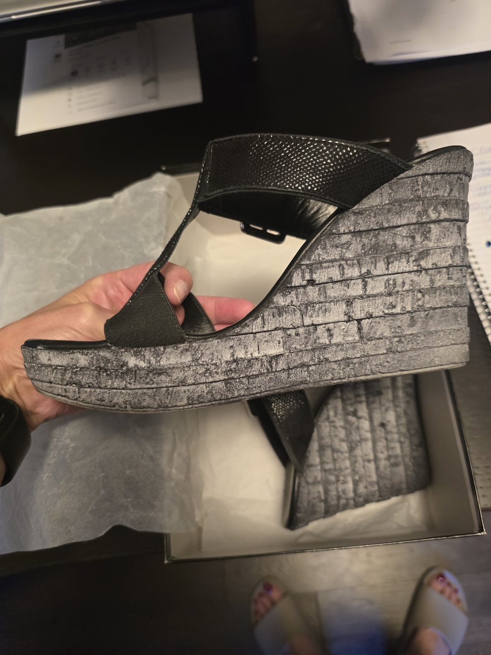 Women’s Black Wedge Sandals with Textured Platform